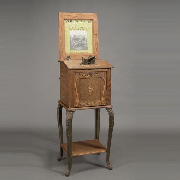 Oak Coin Operated Stereoview Projector Cabinet,: Oak Coin Operated Stereoview Projector Cabinet, featuring scenes from the San Francisco earthquake {Dimensions 70 x 21 1/2 x 18 inches}