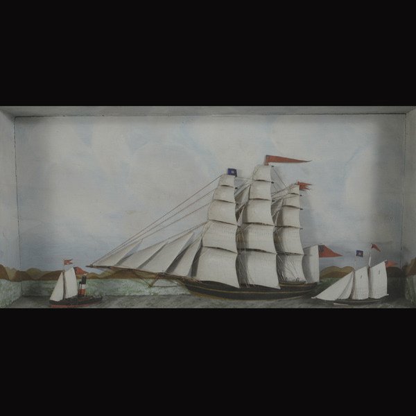 Ship Models in Shadow Box with Faux Grained Finish: Ship Models in Shadow Box with Faux Grained Finish {Dimensions of frame 22 1/2 x 38 3/4 x 5 1/2 inches}