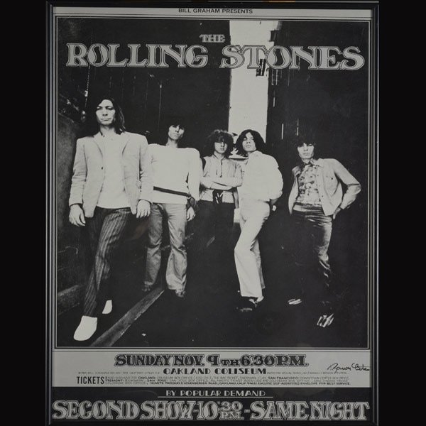 Rolling Stones 1969 Oakland Concert Poster: Rolling Stones 1969 Oakland Concert Poster, BG201, signed by artist Randy Tuten, concert date 11-9-1969 Oakland Coliseum, framed {Dimensions 22 x 14 inches} [Very good condition]