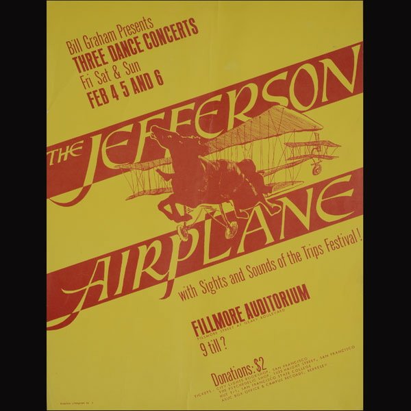 Jefferson Airplane Fillmore Concert Poster, 1966: Jefferson Airplane Fillmore Concert Poster, BG1, first in the Bill Graham series, Peter Bailey, concert dates 2/4-6 1966, {Dimensions 20 x 14 1/4 inches} [Creases]