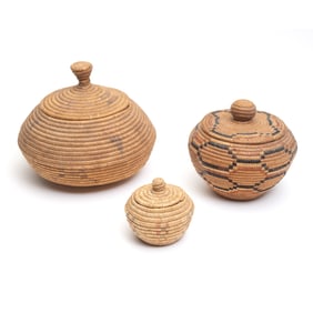 Three Native American Covered Baskets, Eskimo/Salish