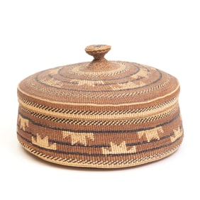 Native American Polychrome Covered Basket, Poss Hupa