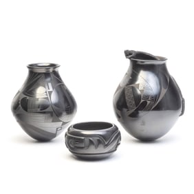 Three Blackware Pottery Articles Incl Quezada