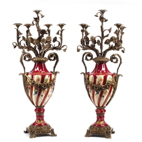 Pair of Rococo Style Porcelain Five Light Candelabra