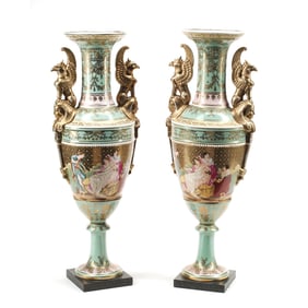 Pair of Vienna Style Porcelain Two Handled Urns