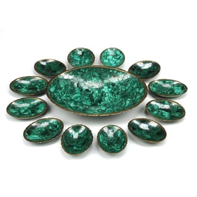 Thirteen Piece Malachite and Bronze Nuts Set