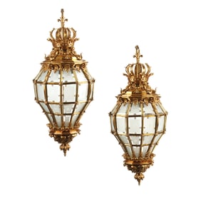 Pair of French Baroque Style Dore Bronze Lanterns
