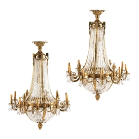 Pair Dore Bronze and Glass Ten Light Basket Chandeliers