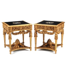 Pair of Louis XVI Style Marble Top Giltwood Tables