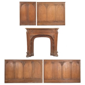 Antique Art Nouveau Oak Mantel and Panel Set