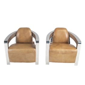 Pair Aviator Style Steel and Leather Club Chairs