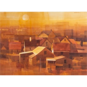 G. Russell Case, Cityscape at Sunset, watercolor