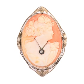 Shell Cameo, Diamond, 14k White Gold Pendant Brooch.