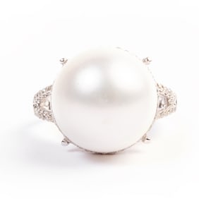 South Sea Cultured Pearl, Diamond, 14k White Gold Ring.