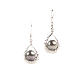 Pair of Cultured Pearl, Diamond, 14k Gold Earrings.