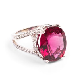 Rubellite Tourmaline, Diamond, 14k White Gold Ring.