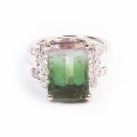 Watermelon Tourmaline, Diamond, 14k White Gold Ring.