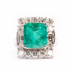 Colombian Emerald, Diamond, 14k White Gold Ring.