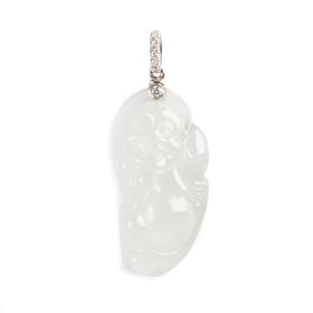 Jade, Diamond, 18k White Gold Buddha Pendant.
