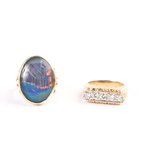 Two Diamond, Opal Triplet, 14k Yellow Gold Rings.