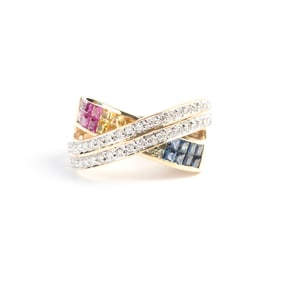 Diamond, Multicolored Sapphire, 14k Yellow Gold Ring.