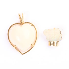 *Two Coral, Opal Cameo, Yellow Gold Pendants.