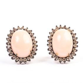 *Pair of Coral, Diamond, Silver, 18k Gold Earrings.