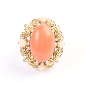 *Coral, Diamond, 18k Yellow Gold Ring.