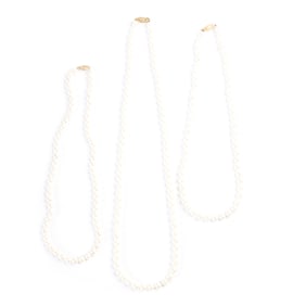 Three Cultured Pearl, 14k Yellow Gold Necklaces.