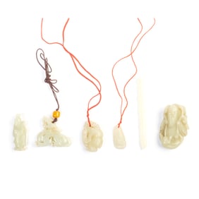 Collection of Six Celadon and  Mutton Fat Jade Pendants