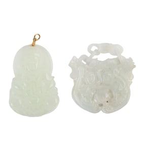 Two Carved Jadeite Jade Pendants.