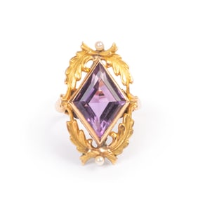 Art Nouveau Amethyst, Seed Pearl, 14k Yellow Gold Ring.