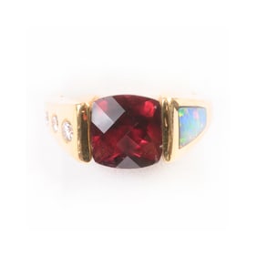 Garnet, Diamond, Opal Inlay, 18k Yellow Gold Ring.