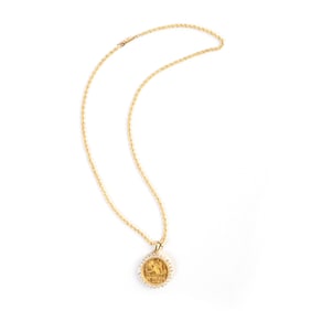 Chinese Gold Coin, CZ, 14k Gold Pendant Necklace.