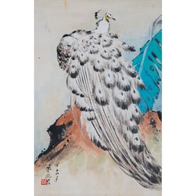 YUAN XIAOCEN: 'Peacock,' Painted Hanging Scroll