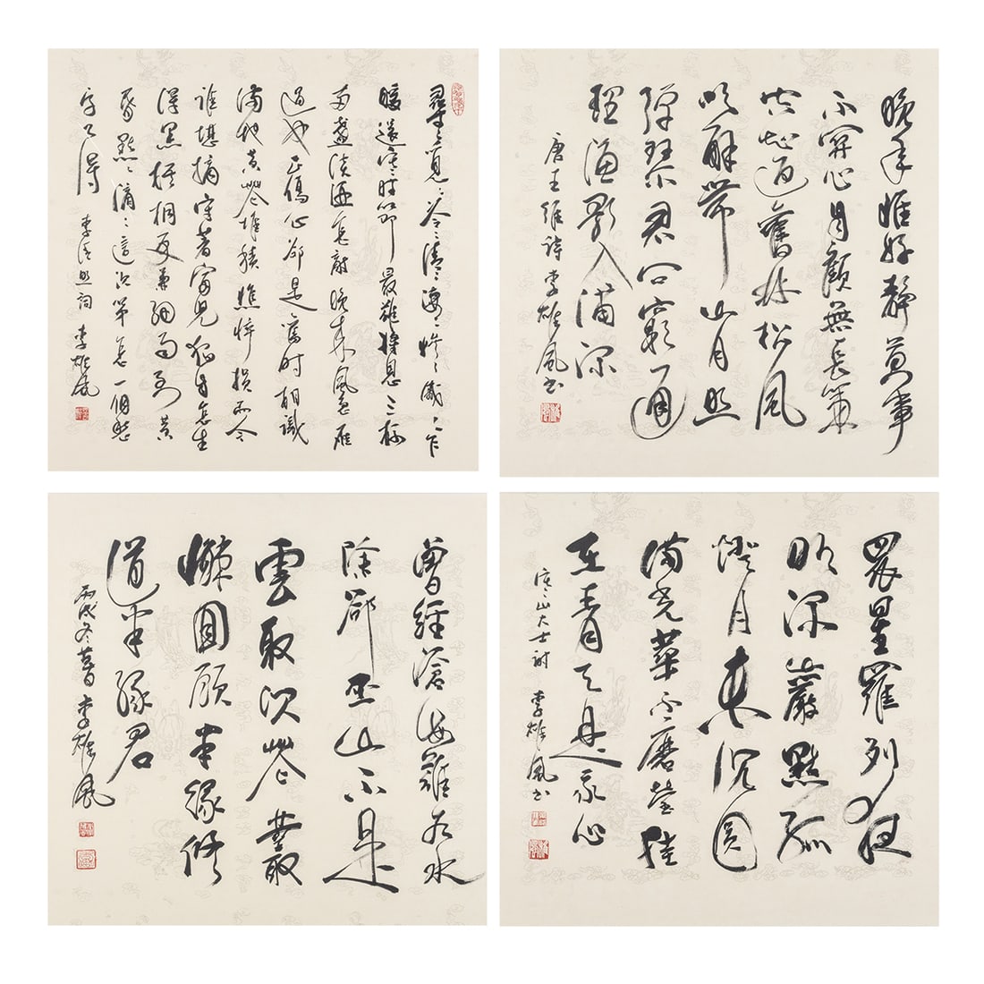 Four Framed Square Calligraphy Panels of Chinese Poems: (Lot of Four) Framed Chinese Square Calligraphy Panels of Poems, Buddhist Guru Lee Hungfung. Comprising: One "Answering Minister Zhang" by Tang dynasty poet Wang Wei in semi-cursive font, signed and s