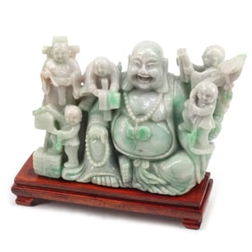 Chinese Jadeite Buddha Figure Group on Wood Base