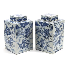 Pair Chinese Blue and White Square Tea Caddies