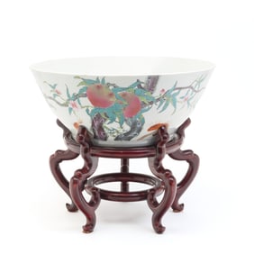 A Chinese Famille Rose Peach Bowl on Wooden Base