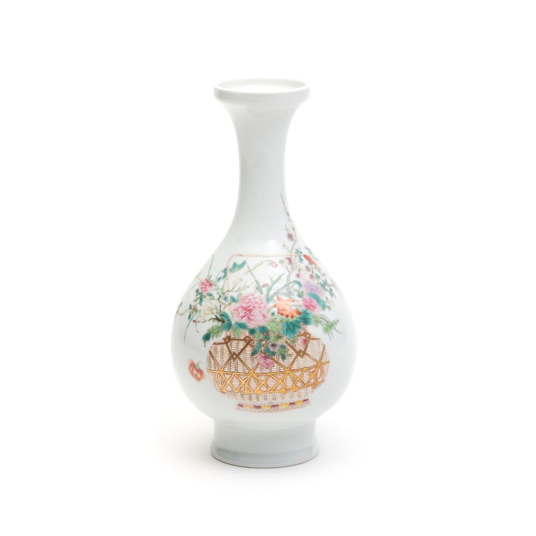 A Chinese Famille Rose Porcelain 'Flower Basket' Vase: A Chinese Famille Rose Porcelain 'Flower Basket' Vase, Qianlong Mark. Finely potted vase, enameled to the exterior wall depicting a large peony flower-filled basket. The reverse side is decorated with