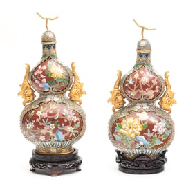 Pair Chinese Double Gourd Cloisonne Vessels on Bases