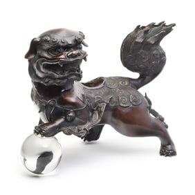 Chinese Bronze Foo Dog with Glass Ball, Incense Burner