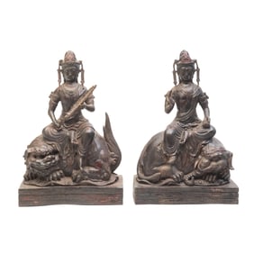 Two Sino-Tibetan Gilt Bronze Buddhist Deities on Beasts