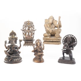 Group of Five Indian and Tibetan Bronze Statues