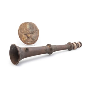 A Chinese Archaistic Jade Mask and a Tibetan Brass Horn