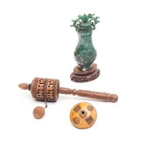 Group of Three Chinese Hardstone and Wood Ornaments