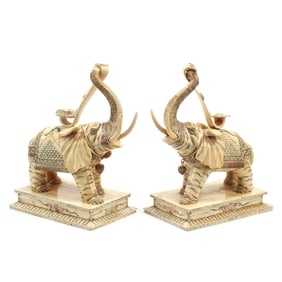 Pair of Japanese Bone Carved and Enameled Elephants
