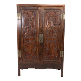 Chinese Huanghuali and Mix Wood Carved Two-Door Cabinet