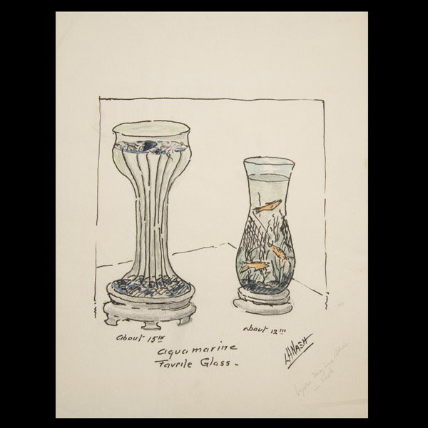 Tiffany Studios Archival Drawing Aquamarine Vases: Leslie H. Nash "Two Aquamarine Vases" Pencil and watercolor on paper. 8 1/2 inches by 11 inches (21 1/2 x 28 cm.). Signed, L.H. Nash. This drawing was a part of the archival collection at The Garden M