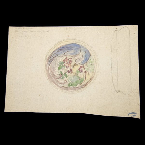 Tiffany Studios Design for a Box Cover: Tiffany Studios "Design for a Box Cover" with notations. Watercolor on paper. Height 5 7/8 inches, Width 8 7/8 inches (15x22 cm.). Diameter of drawing 3 3/4 inches (9 1/4 cm.). This design is pictured
